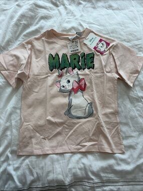 Zara Pale Pink 'Marie' Graphic Tee with Bow Accent